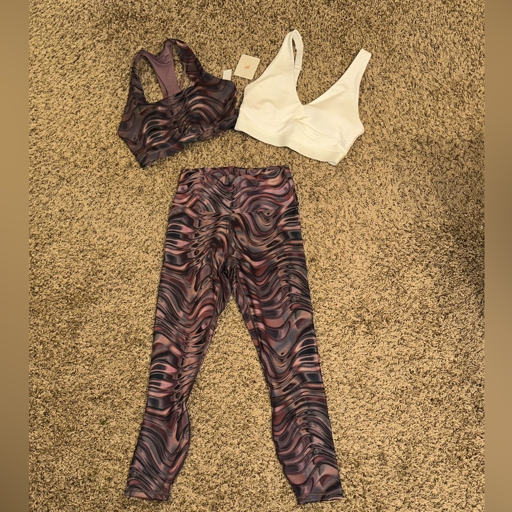 Fabletics Purple Swirl Leggings and White Sports Bra Set